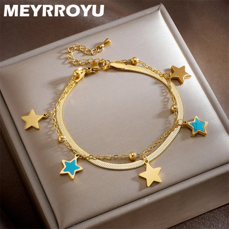 316 SS Vintage Star Double Layer Snake Chain Charm Bracelet For Women