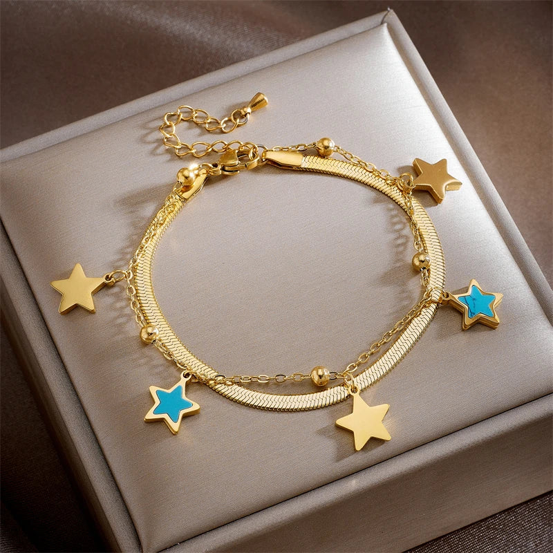 316 SS Vintage Star Double Layer Snake Chain Charm Bracelet For Women