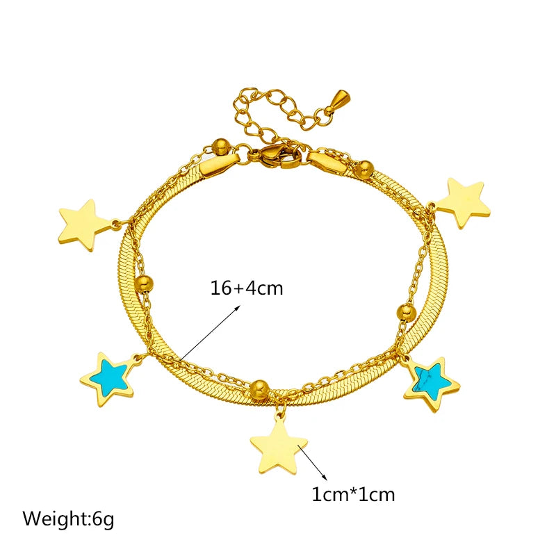 316 SS Vintage Star Double Layer Snake Chain Charm Bracelet For Women