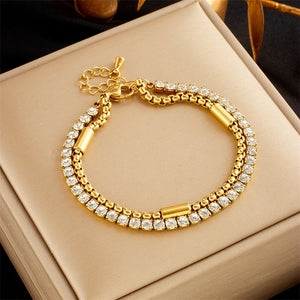 316 Stainless Steel Zircon Double Chain Bracelet For Women