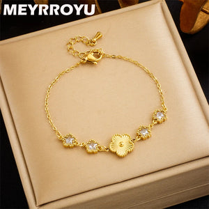 316L Stainless Steel Flower Charm Bracelet Green Zircon Bangle Jewelry