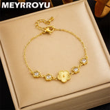 316L Stainless Steel Flower Charm Bracelet Green Zircon Bangle Jewelry