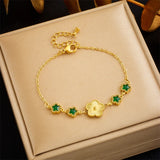 316L Stainless Steel Flower Charm Bracelet Green Zircon Bangle Jewelry