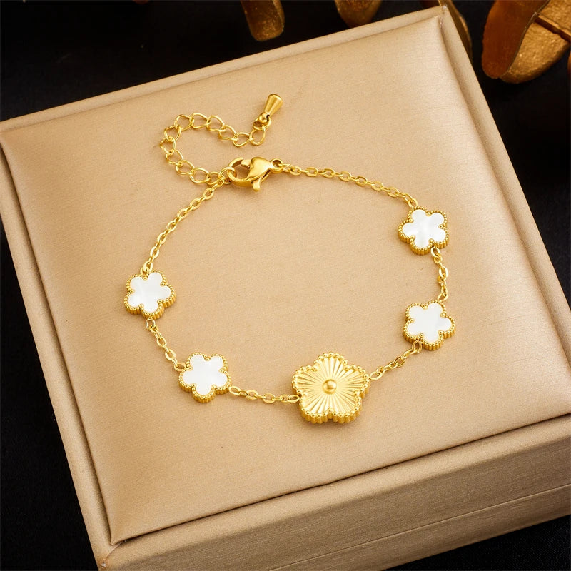 316L Stainless Steel Flower Charm Bracelet Green Zircon Bangle Jewelry