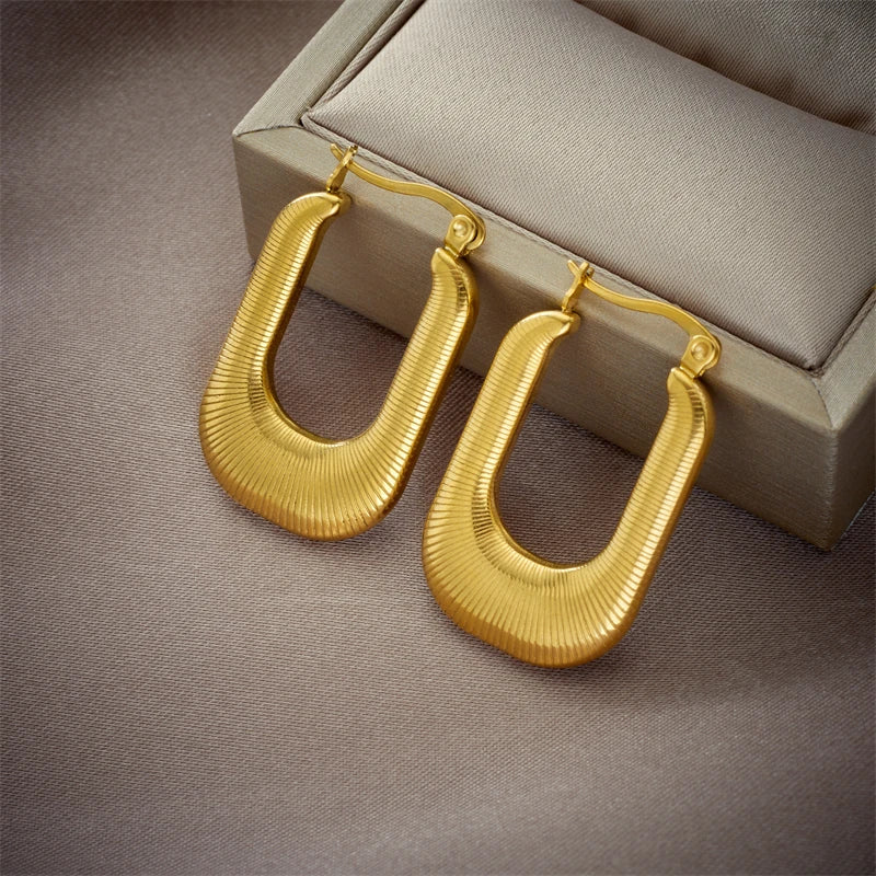Vintage Geometric Metal Hoop Earrings with Golden Stone