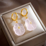 Vintage Geometric Metal Hoop Earrings with Golden Stone