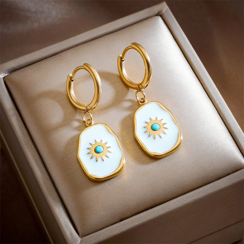 Vintage Geometric Metal Hoop Earrings with Golden Stone