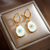 Vintage Geometric Metal Hoop Earrings with Golden Stone