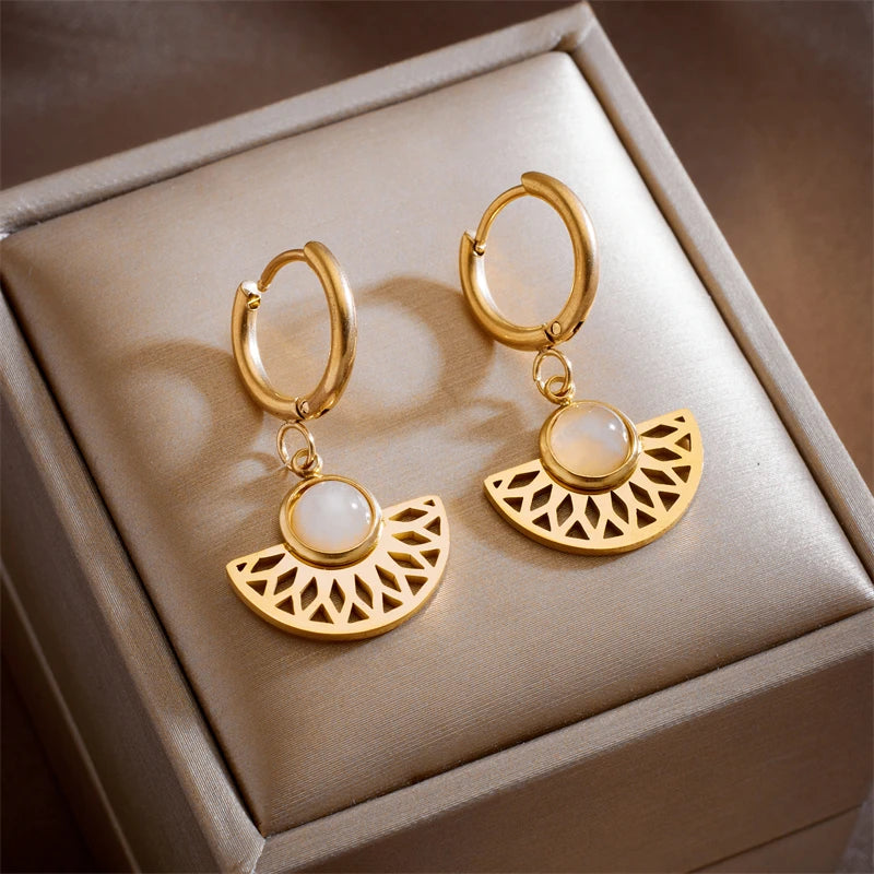 Vintage Geometric Metal Hoop Earrings with Golden Stone