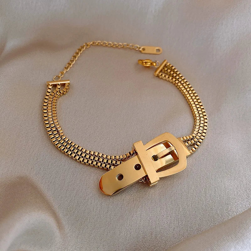 Stainless Steel Two Layer Bead Belt Buckle Bracelet For Women