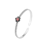 Vintage Thai Silver Red Zirconia Flower Cuff Bracelet for Women