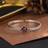 Vintage Thai Silver Red Zirconia Flower Cuff Bracelet for Women