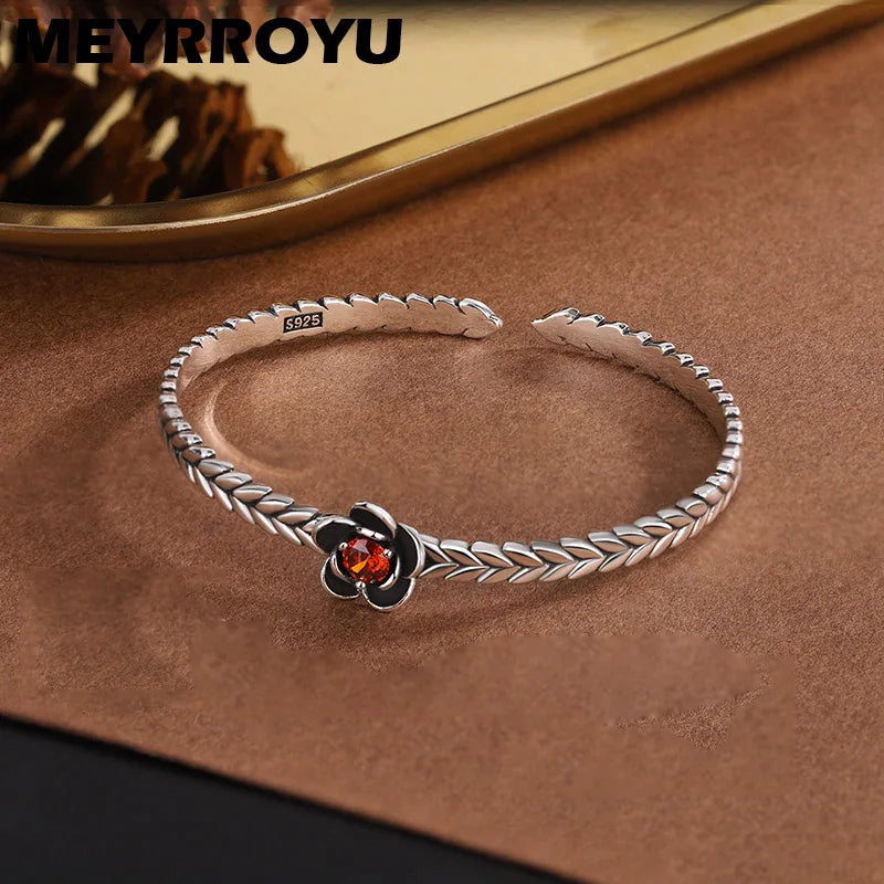 Vintage Thai Silver Red Zirconia Flower Cuff Bracelet for Women