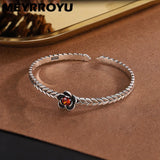 Vintage Thai Silver Red Zirconia Flower Cuff Bracelet for Women