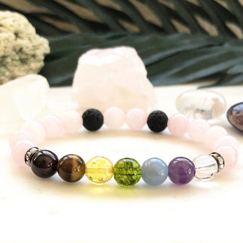 8 MM Gem Stone Crown Chakra Bracelet for Women Mix Crystals Natural Rose Quart