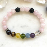 8 MM Gem Stone Crown Chakra Bracelet for Women Mix Crystals Natural Rose Quart