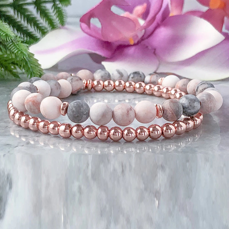 Pink Jaspers & Hematite Bead Wrap Bracelet - Boho Gem Stone Bracelet