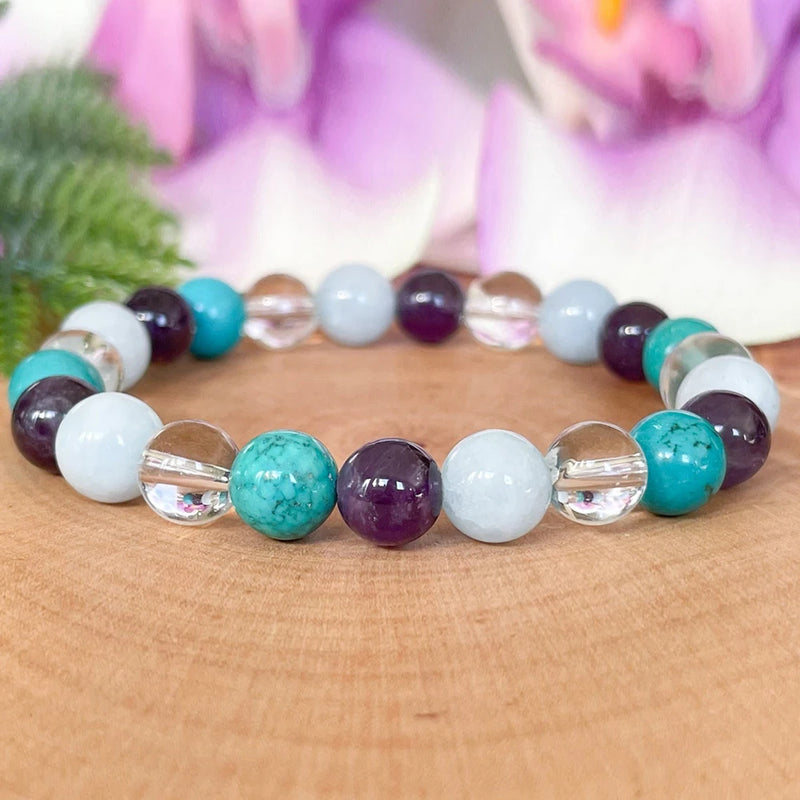 Pisces Zodiac Gemstone Bracelet Turquoise Amethyst Aquamarine Clear Quartz