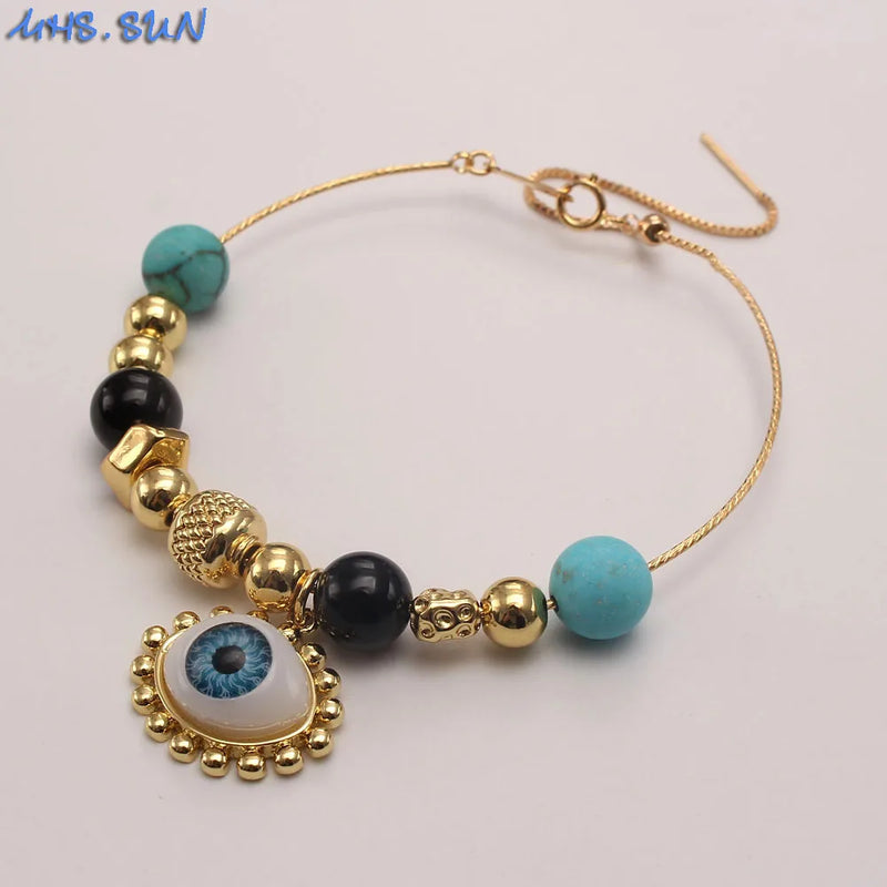 Eye Pendant Bracelet Natural Stone Beaded Bangle Chain Adjustable Gift