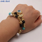 Eye Pendant Bracelet Natural Stone Beaded Bangle Chain Adjustable Gift