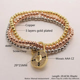 Heart Lock CZ Bracelets 3-layer Beads Bangles Elastic Copper Hiphop Jewelry