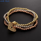 Heart Lock CZ Bracelets 3-layer Beads Bangles Elastic Copper Hiphop Jewelry