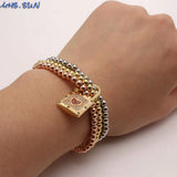Heart Lock CZ Bracelets 3-layer Beads Bangles Elastic Copper Hiphop Jewelry