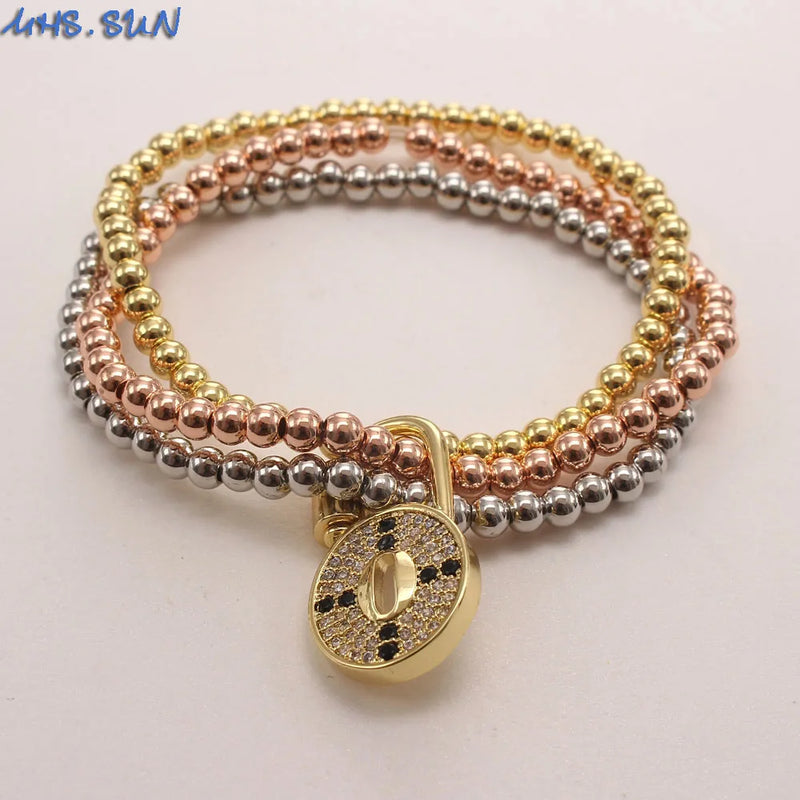 Heart Lock CZ Bracelets 3-layer Beads Bangles Elastic Copper Hiphop Jewelry