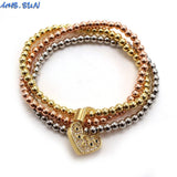 Heart Lock CZ Bracelets 3-layer Beads Bangles Elastic Copper Hiphop Jewelry