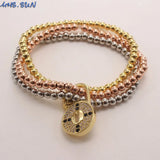 Heart Lock CZ Bracelets 3-layer Beads Bangles Elastic Copper Hiphop Jewelry