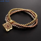 Heart Lock CZ Bracelets 3-layer Beads Bangles Elastic Copper Hiphop Jewelry