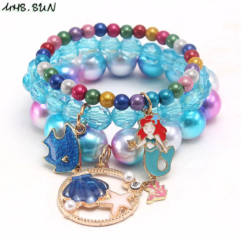3PCS Baby Charm Mermaid/Shell Shaped Pendant Bracelets Pearls Beads Bangles