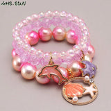 3PCS Baby Charm Mermaid/Shell Shaped Pendant Bracelets Pearls Beads Bangles