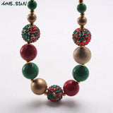 Christmas Baby Girls Beads Necklace Green/Red/Gold Bubblegum Necklace
