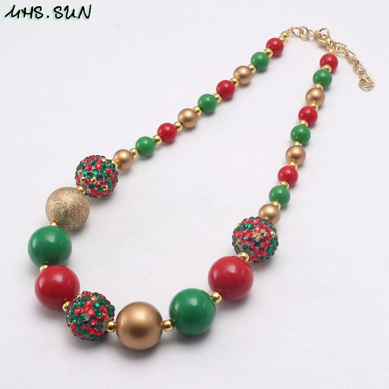 Christmas Baby Girls Beads Necklace Green/Red/Gold Bubblegum Necklace