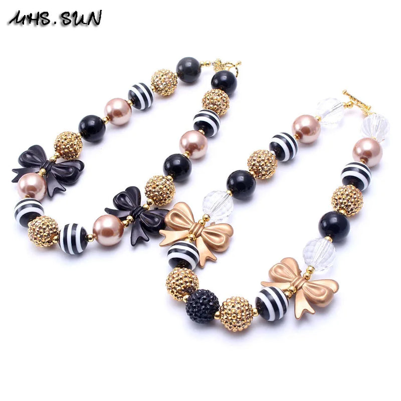 Baby Girls Chunky Bowknot DIY Necklace Rhinestone Beaded 2pcs/lot
