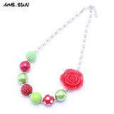 Girls Red Flower Chunky Bubblegum Necklace Jewelry For Child