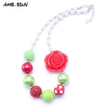 Girls Red Flower Chunky Bubblegum Necklace Jewelry For Child