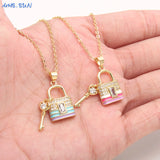 Colorful Key Lucky Lock Enamel Pendant Necklace AAA Cubic Zircon
