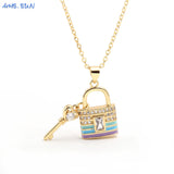 Colorful Key Lucky Lock Enamel Pendant Necklace AAA Cubic Zircon