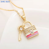 Colorful Key Lucky Lock Enamel Pendant Necklace AAA Cubic Zircon