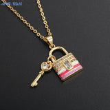 Colorful Key Lucky Lock Enamel Pendant Necklace AAA Cubic Zircon