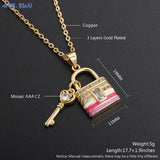 Colorful Key Lucky Lock Enamel Pendant Necklace AAA Cubic Zircon
