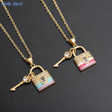 Colorful Key Lucky Lock Enamel Pendant Necklace AAA Cubic Zircon