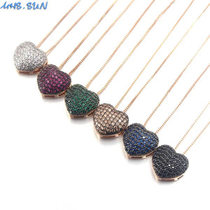 Colorful CZ Heart Pendant Necklace Women Chain Zircon Jewelry Gift
