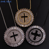 Round CZ Zircon Catholic Cross Pendant Necklace Christmas Gift