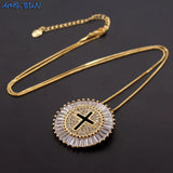 Round CZ Zircon Catholic Cross Pendant Necklace Christmas Gift