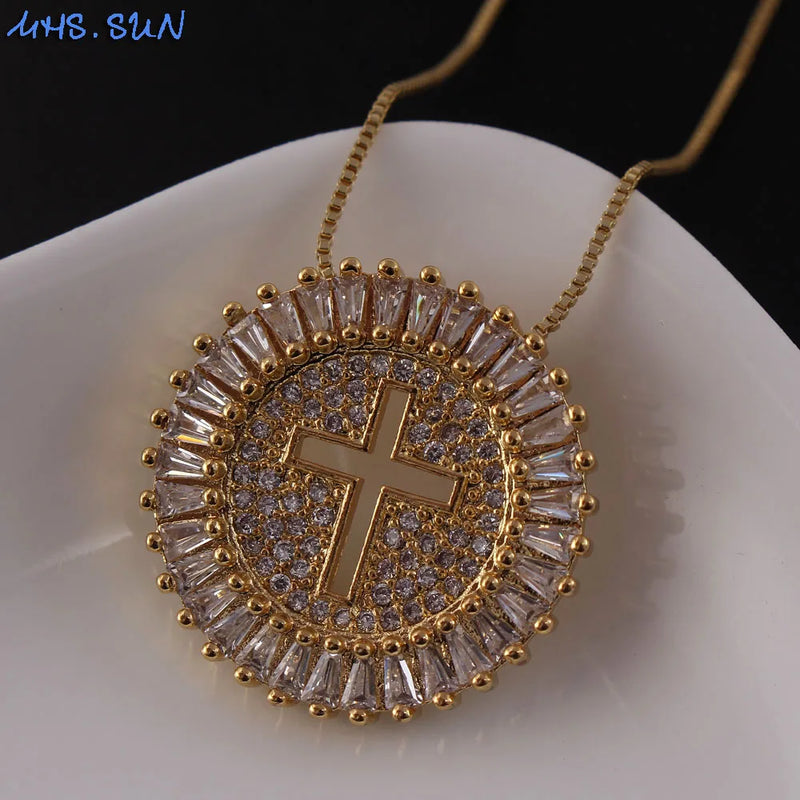 Round CZ Zircon Catholic Cross Pendant Necklace Christmas Gift