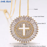 Round CZ Zircon Catholic Cross Pendant Necklace Christmas Gift