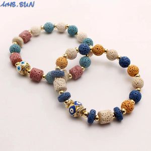 Colorful Volcanic Stone Bracelet with Cubic Zirconia Eye Beads